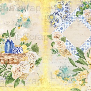 May include: A vintage-style scrapbook paper with a yellow background and a blue and white tiled pattern. The paper features a watercolor illustration of white roses, yellow flowers, and green leaves. The text "LES MODES" is printed in black at the bottom left corner.