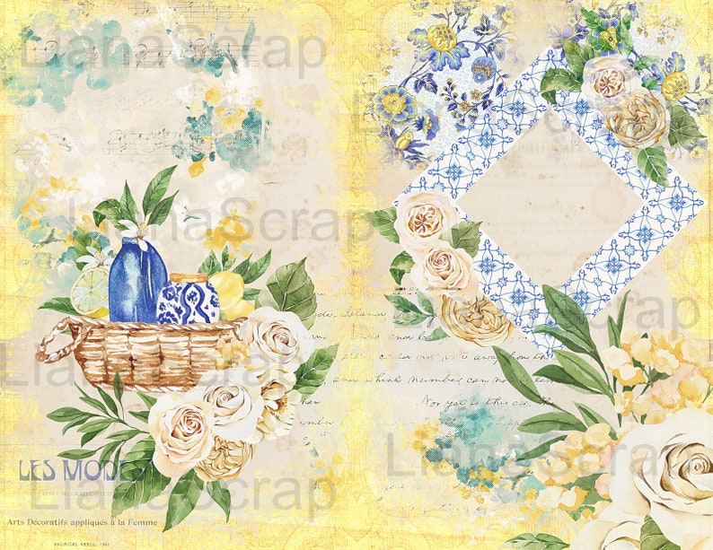 May include: A vintage-style scrapbook paper with a yellow background and a blue and white tiled pattern. The paper features a watercolor illustration of white roses, yellow flowers, and green leaves. The text "LES MODES" is printed in black at the bottom left corner.