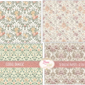 May include: Set of four digital papers featuring floral damask patterns in shades of pink, yellow, green, and brown. The papers are 8.5 x 11 inches and are perfect for scrapbooking, card making, and other crafting projects.