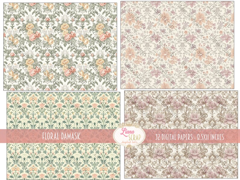 May include: Set of four digital papers featuring floral damask patterns in shades of pink, yellow, green, and brown. The papers are 8.5 x 11 inches and are perfect for scrapbooking, card making, and other crafting projects.