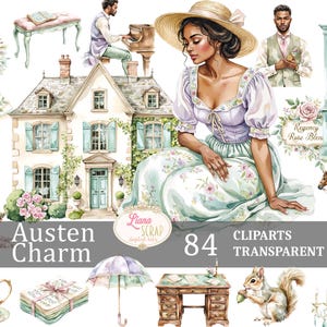 Austen Charm 84 Set di clipart digitali Regency Era PNG personaggi vintage grafica floreale, adesivi per planner