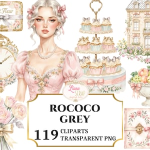 Puede incluir: Conjunto de arte digital en acuarela con una mujer con un vestido rosa, cupcakes en un soporte de varios niveles, un reloj, un ramo de rosas y una casa. Incluye el texto "ROCOCO GREY" y "119 CLIPARTS TRANSPARENT PNG".