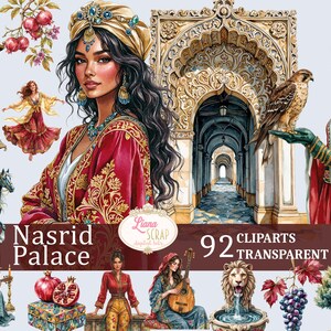 Set di clipart del Palazzo Nasridi - 92 immagini ad acquerello - Arte digitale, PNG trasparenti, elementi floreali, adesivi per planner, design libresco, spagnolo