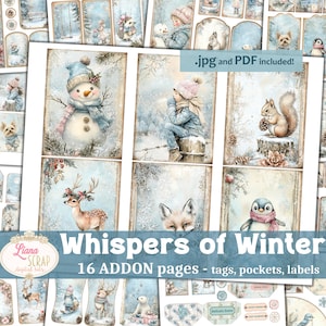 Whispers of Winter Junk Journal ADDON, Magical Winter Junk Journal Ephemera, Pagine invernali pastello, etichette, buste, ritagli, etichette, tasche