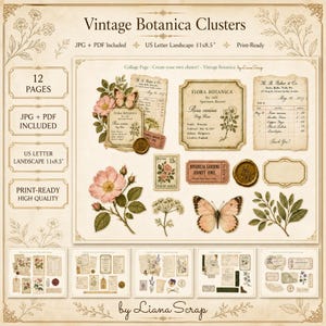 May include: Vintage Botanica Clusters digital collage sheet with botanical illustrations, including flowers, butterflies, and vintage ephemera. Includes JPG and PDF files, US Letter size 11x8.5 inches, print-ready. Features the text "Vintage Botanica Clusters".