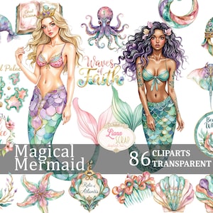 Clipart sirène magique - 86 images aquarelles - PNG transparents - art numérique, autocollants pour agenda, sirène, illustrations de l'océan