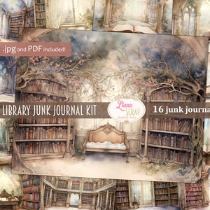 Puede incluir: Un kit de collage digital con 16 páginas de diario de chatarra con temática de biblioteca vintage. Las páginas presentan imágenes de estanterías, ventanas y una chaise longue. El texto "Vintage Library Junk Journal Kit" y "16 junk journal pages" es visible en la imagen.