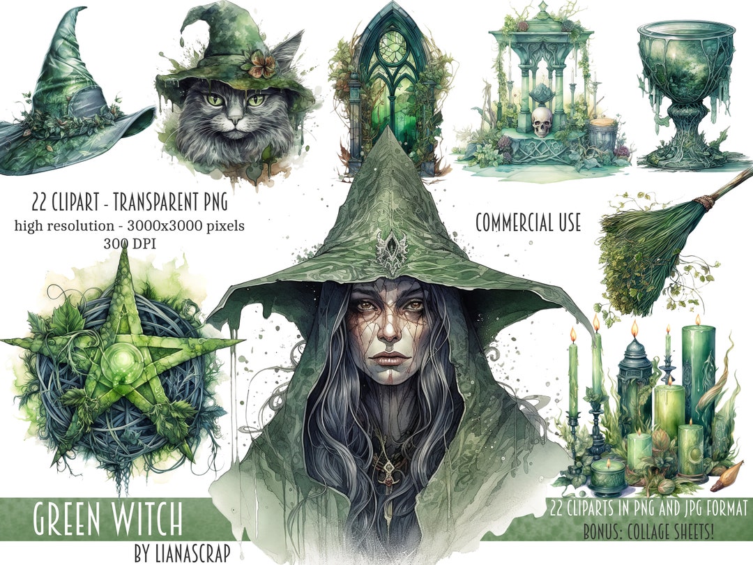 Green Witch Clipart PNG Set, 22 Witch Clipart, Commercial Use