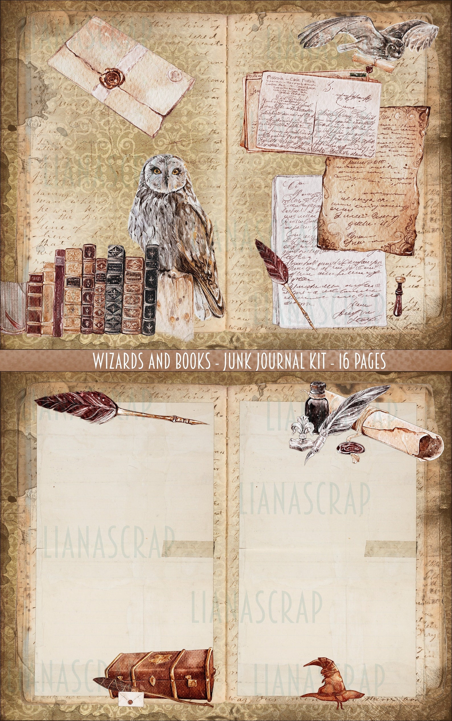 Wizard Journal Ringed Wizards and Books Junk Journal Digital Kit Printable, Wizard Digital ...