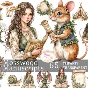 Set di 65 Clipart di Mosswood Manuscripts - Illustrazioni botaniche vintage - Adesivi per planner digitali - PNG trasparenti - Arte delle fate della foresta -