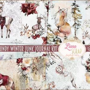 Burgundy Winter Junk Journal Kit, Winter Collage Printables, Digital Winter Kit, Junk Journal Paper