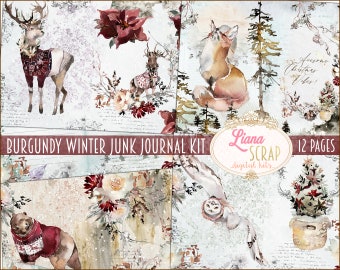 Burgundy Winter Junk Journal Kit, Winter Collage Printables, Digital Winter Kit, Junk Journal Paper
