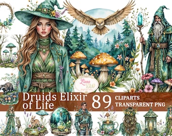 May include: Digital art featuring a collection of 89 cliparts with a fantasy theme. The image includes a woman in a green hat and coat, a wizard, an owl, mushrooms, and the text "Druids Elixir of Life". Transparent PNG format.