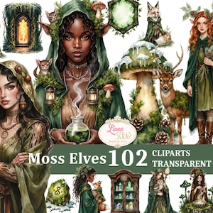 Peut inclure: Collection d'art numérique intitulée "Moss Elves 102 Cliparts Transparent PNG". L'image présente des illustrations d'elfes, d'animaux et d'éléments forestiers dans des tons de vert, de marron et de blanc. L'œuvre comprend des portraits, des créatures des bois et des accents décoratifs.