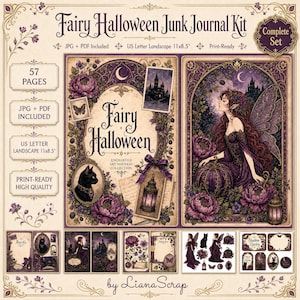 May include: A Fairy Halloween Junk Journal Kit featuring 57 pages in US Letter Landscape 27.94x21.59 cm format. The digital collection includes JPG and PDF files with illustrations of a fairy, a black cat, pumpkins, and a lantern in purple tones.