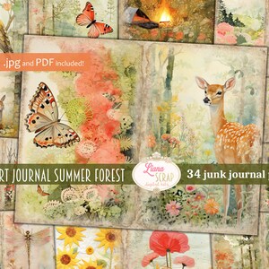 Journal d'art Forêt d'été, Journal numérique pour les déchets, Papier numérique nature, Collage avec des animaux des bois, du feuillage et des fleurs ensoleillées