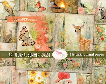 May include: A collage of 34 digital papers featuring a summer forest theme. The papers include images of butterflies, deer, raccoons, birds, flowers, and trees. The papers are designed for use in art journals and scrapbooking.