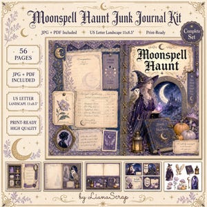 May include: A digital junk journal kit titled Moonspell Haunt featuring 56 pages in US letter landscape 11x8.5 inches format. The kit includes printable sheets with illustrations of a witch, an owl, a Book of Shadows, pumpkins, and moons.