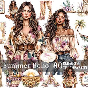 Zomer Boho 80 digitale clipart set transparante PNG boho vrouwen bloemen illustraties aquarel ontwerpelementen