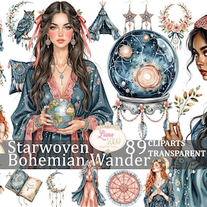 Starwoven Boho Wander 89 clipartafbeeldingen transparante PNG digitale kunst planner stickers Celestial Witchy bloemen Boho scrapbooking ontwerp