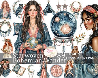 May include: Digital artwork showcasing a collection of bohemian-themed cliparts. The image includes illustrations of women, a crystal ball, an owl, a dreamcatcher, and floral elements. The text "Starwoven Bohemian Wander" and "89 Cliparts Transparent PNG" is also present.