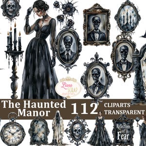Puede incluir: Una colección de elementos de clip art en acuarela con temática gótica. Incluye retratos de calaveras, figuras vestidas de negro, una lápida, un candelabro y los textos "The Haunted Manor" y "Reflections of Fear".