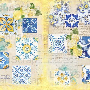 May include: A digital collage featuring blue and yellow patterned tiles, lemons, and handwritten text. The text includes the words "Les Modes" and "Scrap".