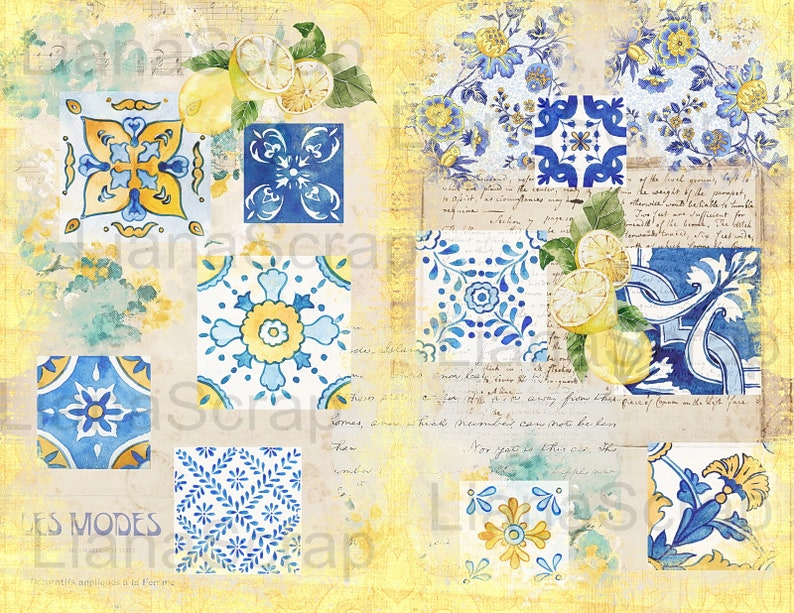 May include: A digital collage featuring blue and yellow patterned tiles, lemons, and handwritten text. The text includes the words "Les Modes" and "Scrap".