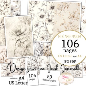 Junk Journal - Crayon Flowers - Tamaño carta de EE. UU. y A4, páginas de mezcla y combinación, papel digital de flores de boceto en PDF y JPG imprimibles, Botánico