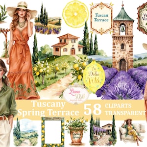 Toscana Spring Terrace Clipart - 58 akvarellbilder för digital planering