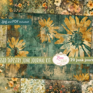 Vintage distressed pattern, digital junk journal background, Floral Tapestry, junk journal paper in forest shades of green and beige