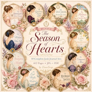 Season of Hearts Junk Journal Bundle, 10 Vintage Romance Printable Kits, Victorian Ephemera