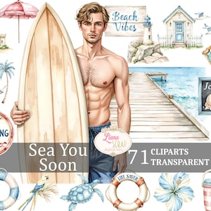 Sea You soon 71 Digital Clipart Set Beach Summer PNG Transparent Illustration, Seaside planner stickers, fashion