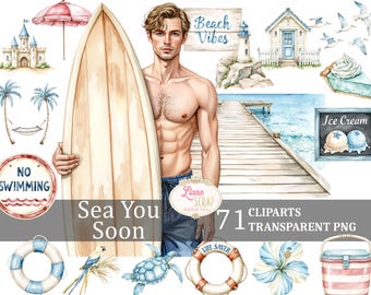 Conjunto de imágenes prediseñadas de playa, ilustraciones PNG de verano junto al mar (71)