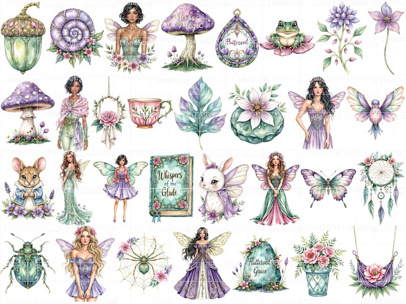 Watercolor Fairies Clipart Set – 85 PNG Floral Fantasy Graphics ...