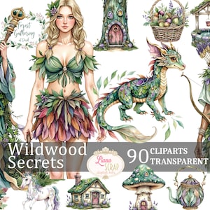Wildwood Secrets 90 Digital Clipart Set, fées, animaux de la forêt, PNG Transparent, illustrations magiques, autocollants pour agenda, magie des fées