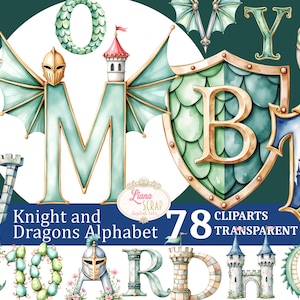 May include: Watercolor alphabet clipart set featuring letters, numbers, and symbols with a knight and dragon theme. The letters are in various colors, including green, blue, and gold, with dragon wing and shield designs. The text reads "Knight and Dragons Alphabet".