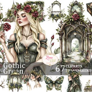 Ensemble de 67 cliparts numériques gothiques verts, PNG gothique floral, éléments victoriens, fond Transparent, oeuvre d'art imprimable