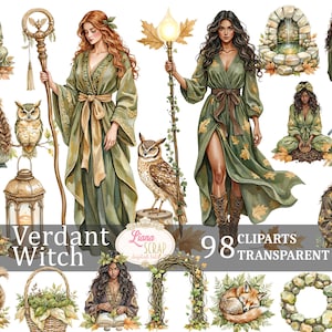 Ensemble de 98 cliparts sorcière verdoyante - éléments de sorcellerie aquarelle, motifs floraux, créatures de la forêt, art numérique, PNG transparents, agenda