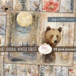 Journal d'art Forêt d'hiver, Journal numérique des déchets, Papier numérique nature, Collage avec des animaux de la forêt, forêt enneigée, paysages givrés