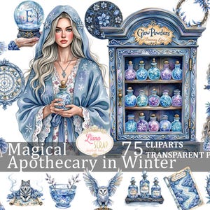 Farmacia magica in inverno 75 Clipart Set PNG trasparenti Adesivi per planner di arte digitale magica invernale Illustrazioni botaniche Design floreale