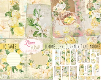 Kit numérique de journal indésirable citrons imprimable, feuilles de collage numérique d'été avec fleurs de citronnier, papier journal indésirable