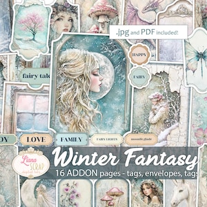 Può includere: Un foglio di collage digitale con un tema di fantasia invernale. Il foglio include immagini di fate, unicorni, neve e altri elementi invernali. Il foglio è progettato per lo scrapbooking, la creazione di biglietti e altri lavoretti di carta. Il foglio è disponibile in formato JPG e PDF.