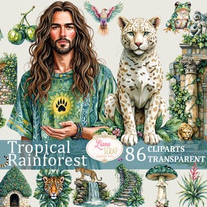 Ensemble de cliparts forêt tropicale humide - 86 images aquarelles - Stickers planificateur numérique, animaux de la jungle, éléments floraux, PNG transparent, jaguar