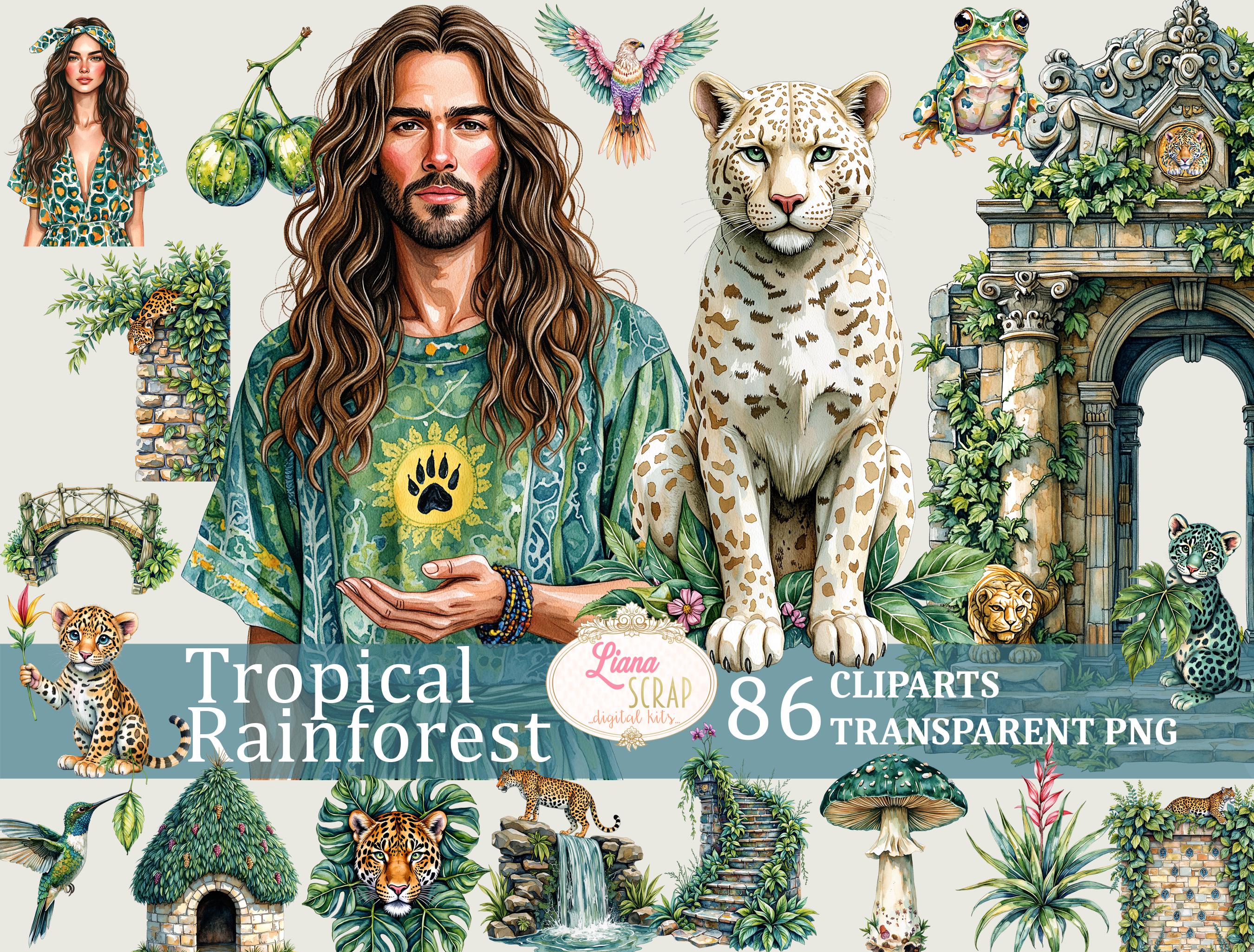 Watercolor Rainforest Clipart Set – Jungle Animals, Floral PNG Images ...