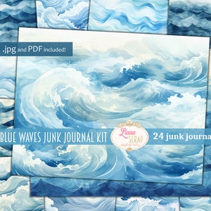 青い波、ビンテージ ジャンク ジャーナル ペーパー、デジタル背景、ビンテージの海の風景を描いたジャンク ジャーナル ペーパー、青い海の波