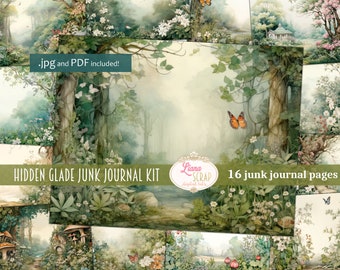 Puede incluir: Un kit de collage digital con 16 páginas de ilustraciones de acuarela de una escena de bosque caprichosa con mariposas, flores y árboles. El kit se titula "Hidden Glade Junk Journal Kit" e incluye archivos .jpg y PDF.