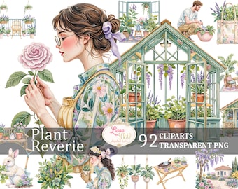 May include: A watercolor illustration of a greenhouse filled with plants and flowers. The greenhouse is surrounded by a variety of other plants and flowers, including a rose, wisteria, and lavender. The illustration is titled "Plant Reverie" and includes the text "92 Cliparts Transparent PNG".