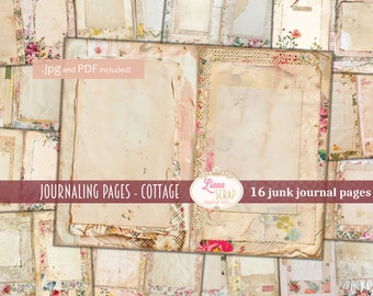 May include: A collection of 16 junk journal pages with a cottage theme. The pages have a vintage aesthetic with floral and lace accents. The image includes the text "Journaling Pages - Cottage" and "16 junk journal pages."