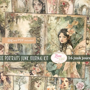 Pixie Portraits Junk Journal Kit, Fantasy Collage mit Feen, Schmetterlingen und Blumen zum ausdrucken, Scrapbook Papier, Feen Kunst Journal